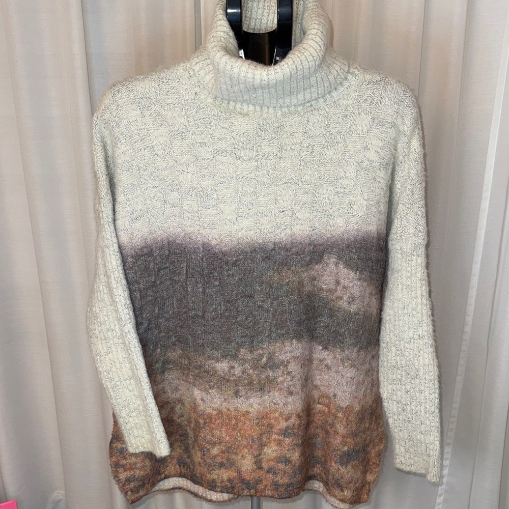 Bohemian Abstract Mountain Landscape Turtleneck Pullover Muted Earthy Tones XL - Picture 3 of 8